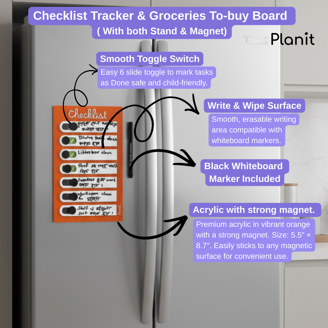 Checklist Tracker and Groceries To-buy Board (With Stand+Magnet)
